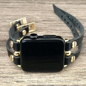 Black Leather Gold Jewelry Band for Apple Watch